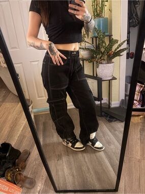 Black Boyfriend Jeans with Utility Stitching